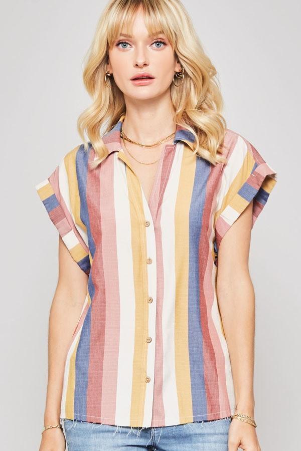 A Woven Shirt In Multicolor Striped With Collared Neckline | Mixtshop LLC