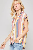 A Woven Shirt In Multicolor Striped With Collared Neckline | Mixtshop LLC