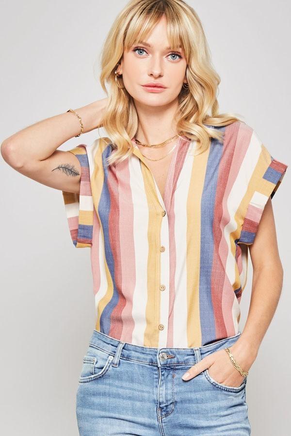 A Woven Shirt In Multicolor Striped With Collared Neckline | Mixtshop LLC