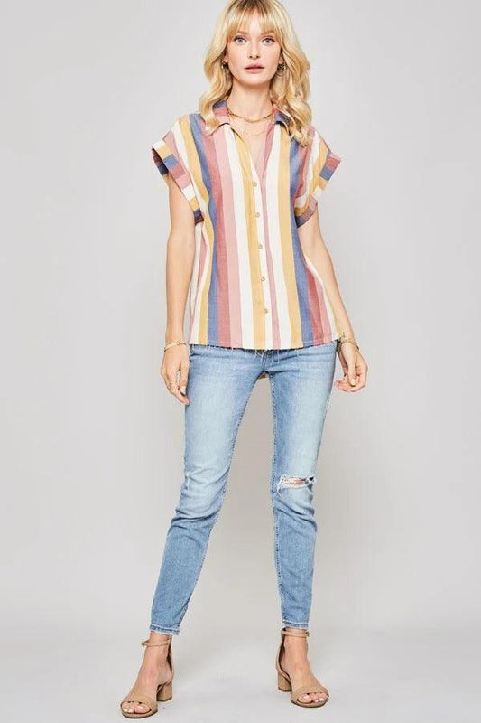 A Woven Shirt In Multicolor Striped With Collared Neckline | Mixtshop LLC