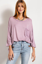 Rounded Neckline 3/4 Sleeves Washed Top | Mixtshop LLC