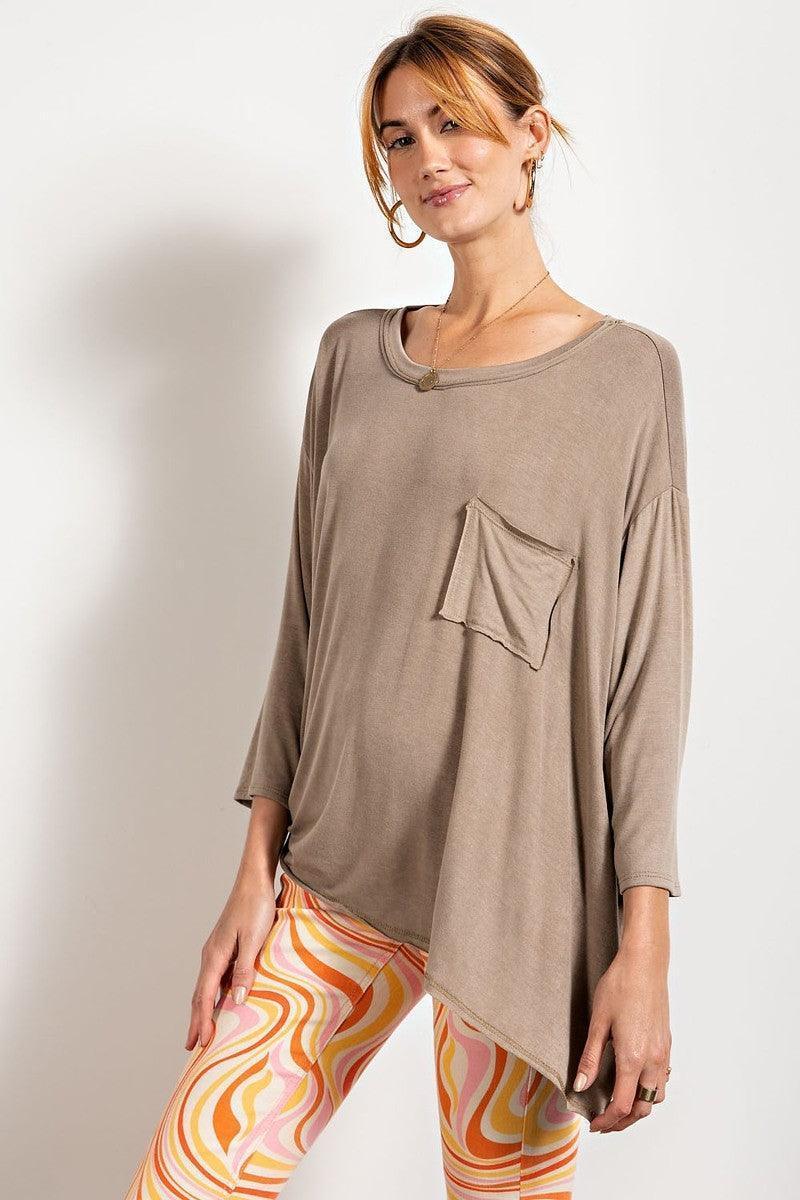 Rounded Neckline 3/4 Sleeves Washed Top | Mixtshop LLC Main image