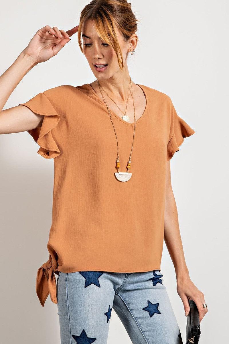 V Neckline Wing Sleeves Woven Top | Mixtshop LLC Main image