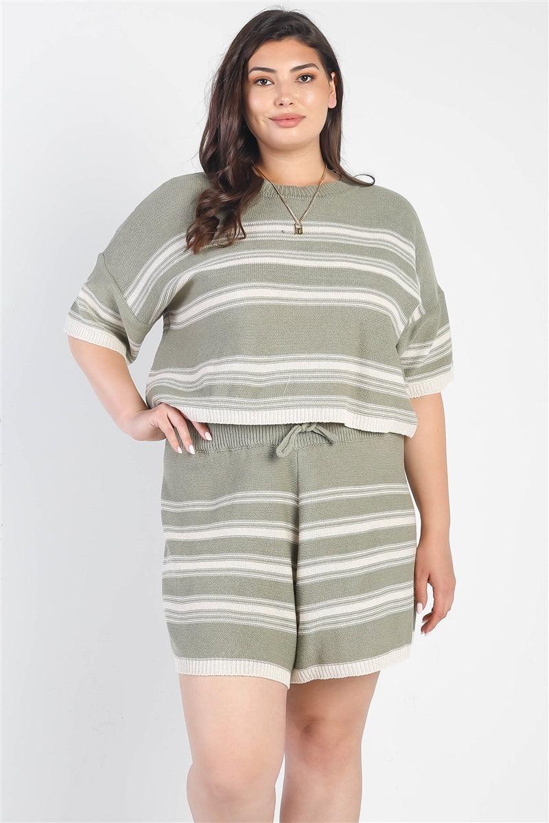Plus Olive Striped Knit Short Sleeve Crop Top High Waist Shorts Set | Mixtshop LLC Main image