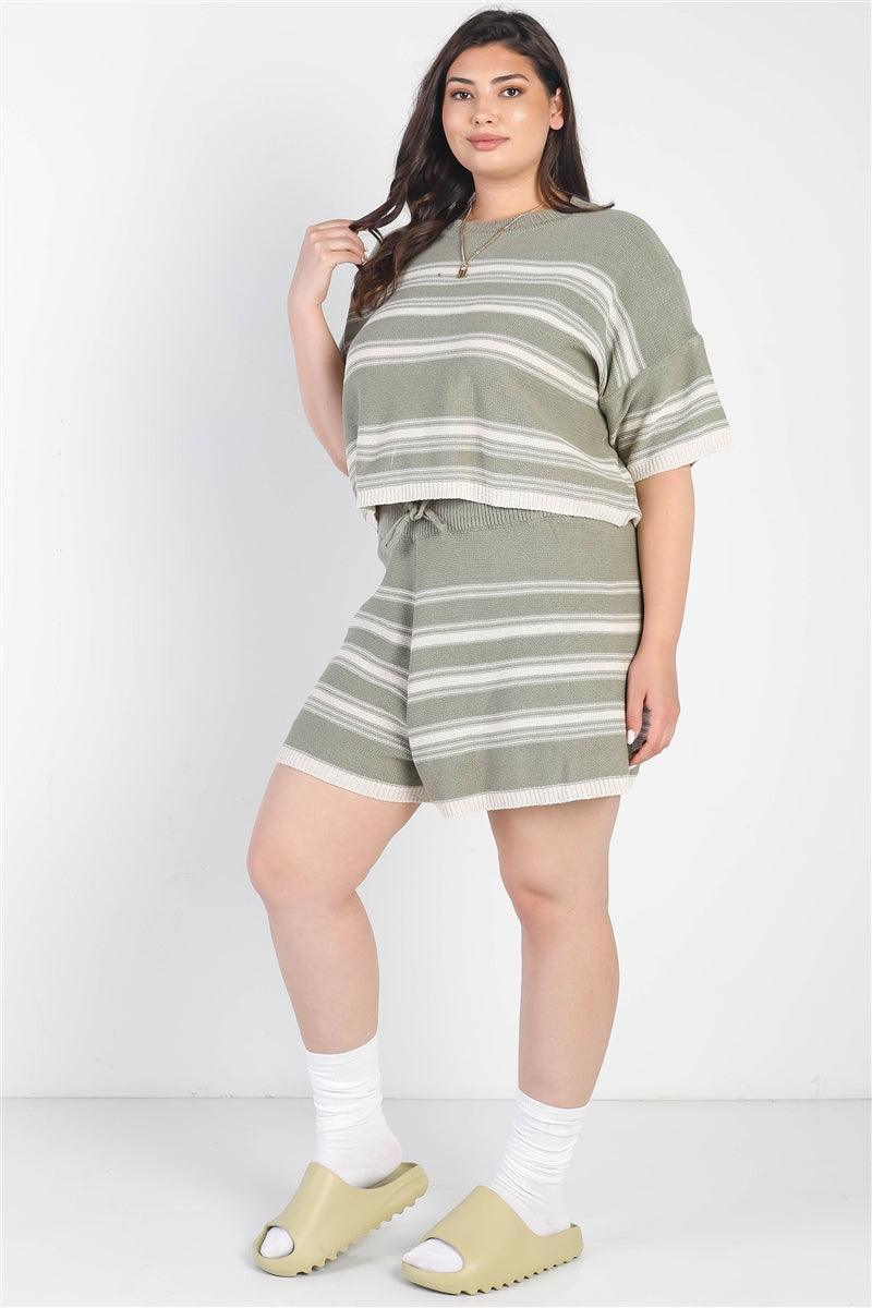 Plus Olive Striped Knit Short Sleeve Crop Top High Waist Shorts Set Secondary image