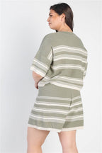 Plus Olive Striped Knit Short Sleeve Crop Top High Waist Shorts Set | Mixtshop LLC