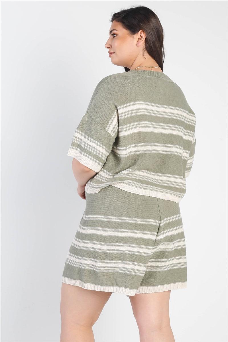 Plus Olive Striped Knit Short Sleeve Crop Top High Waist Shorts Set | Mixtshop LLC