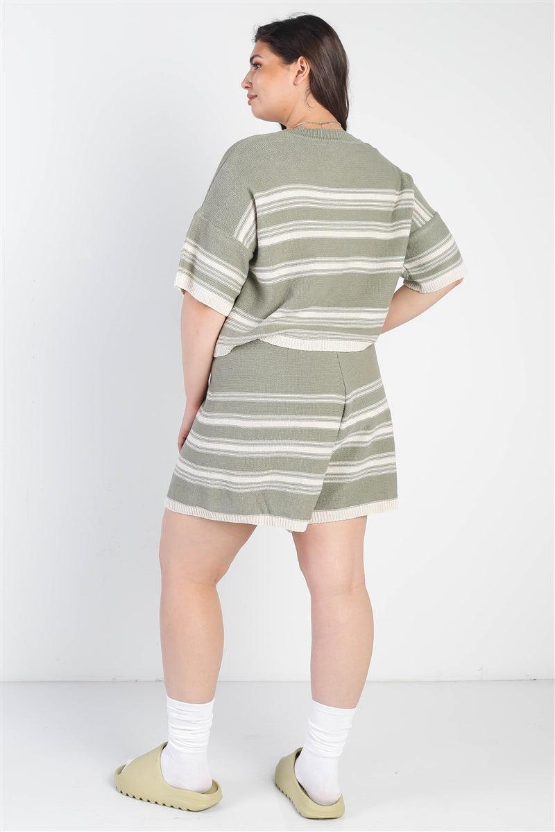 Plus Olive Striped Knit Short Sleeve Crop Top High Waist Shorts Set | Mixtshop LLC