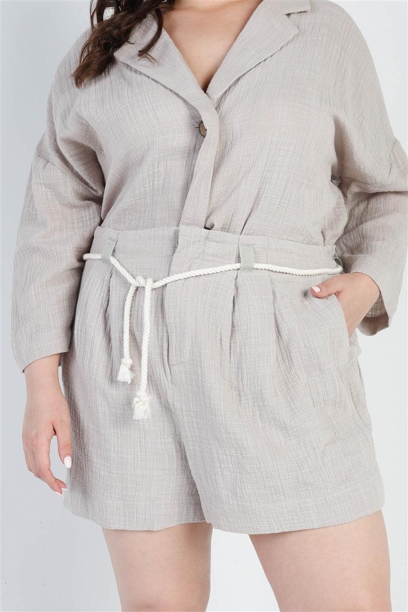 Plus Grey Button-up Collared Neck Blazer High Waist Shorts Set | Mixtshop LLC