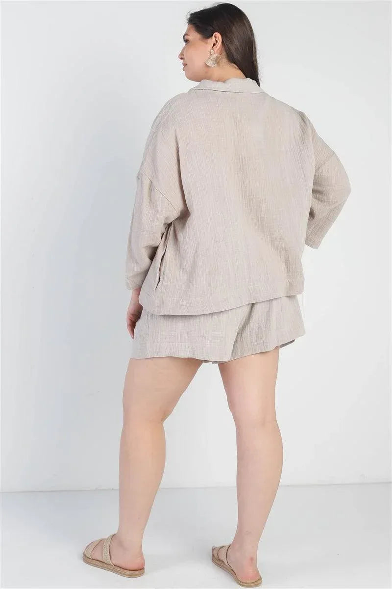 Plus Grey Button-up Collared Neck Blazer High Waist Shorts Set | Mixtshop LLC