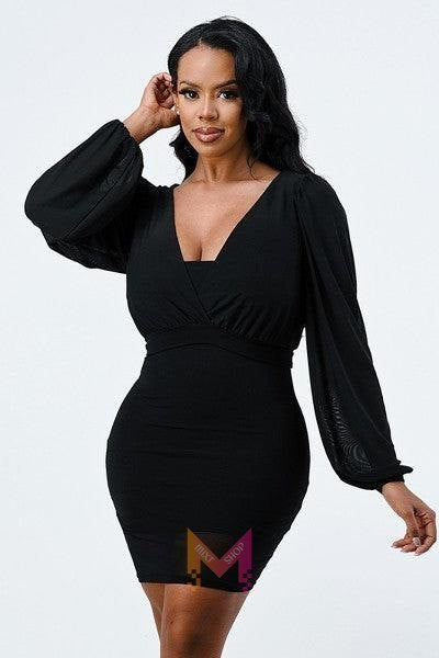 Lux Mesh Layered Lining V Neck Bubble Slv Bodycon Dress | Mixtshop LLC