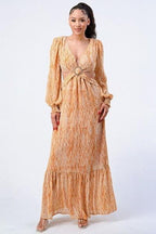 Printed V Neck Self Belted Side Cut Out Ruffled Maxi Dress | Mixtshop LLC