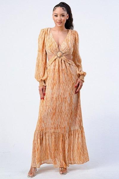 Printed V Neck Self Belted Side Cut Out Ruffled Maxi Dress | Mixtshop LLC