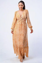 Printed V Neck Self Belted Side Cut Out Ruffled Maxi Dress | Mixtshop LLC