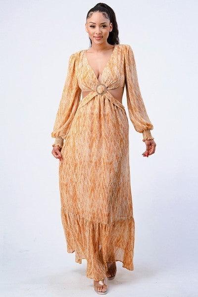 Printed V Neck Self Belted Side Cut Out Ruffled Maxi Dress | Mixtshop LLC