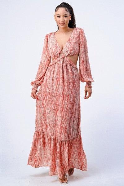 Printed V Neck Self Belted Side Cut Out Ruffled Maxi Dress | Mixtshop LLC