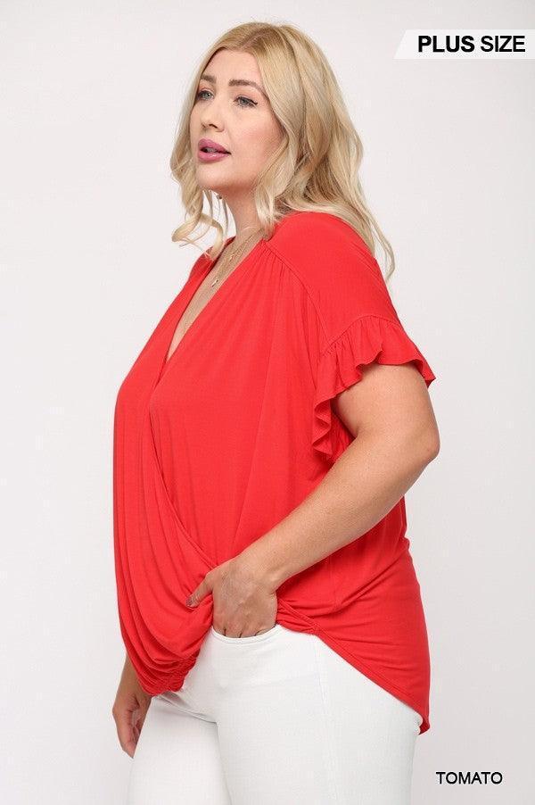 Solid Viscose Knit Surplice Top With Ruffle Sleeve | Mixtshop LLC