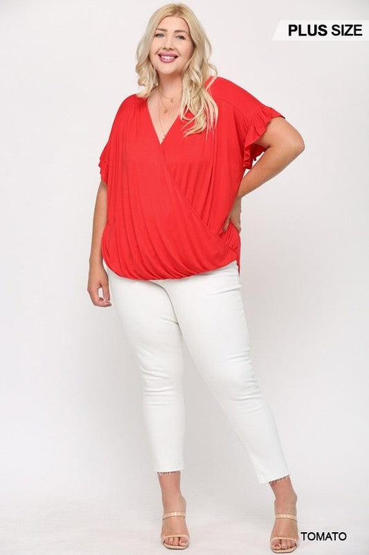 Solid Viscose Knit Surplice Top With Ruffle Sleeve | Mixtshop LLC