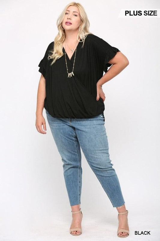 Solid Viscose Knit Surplice Top With Ruffle Sleeve | Mixtshop LLC