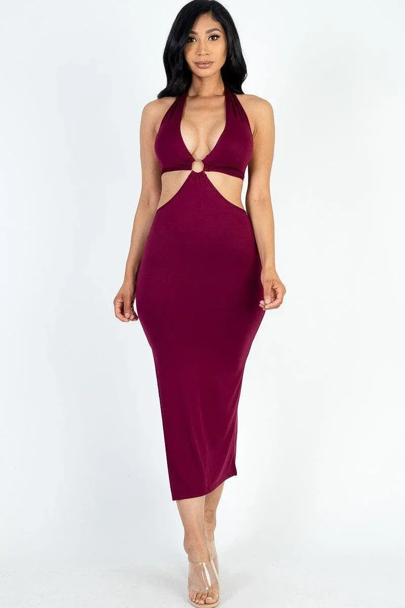 Cut-out Halter Neck Double Back Tie Split Thigh Midi Dress | Mixtshop LLC Main image