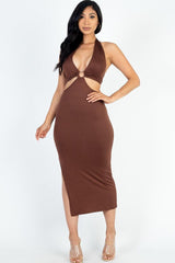 Cut-out Halter Neck Double Back Tie Split Thigh Midi Dress | Mixtshop LLC
