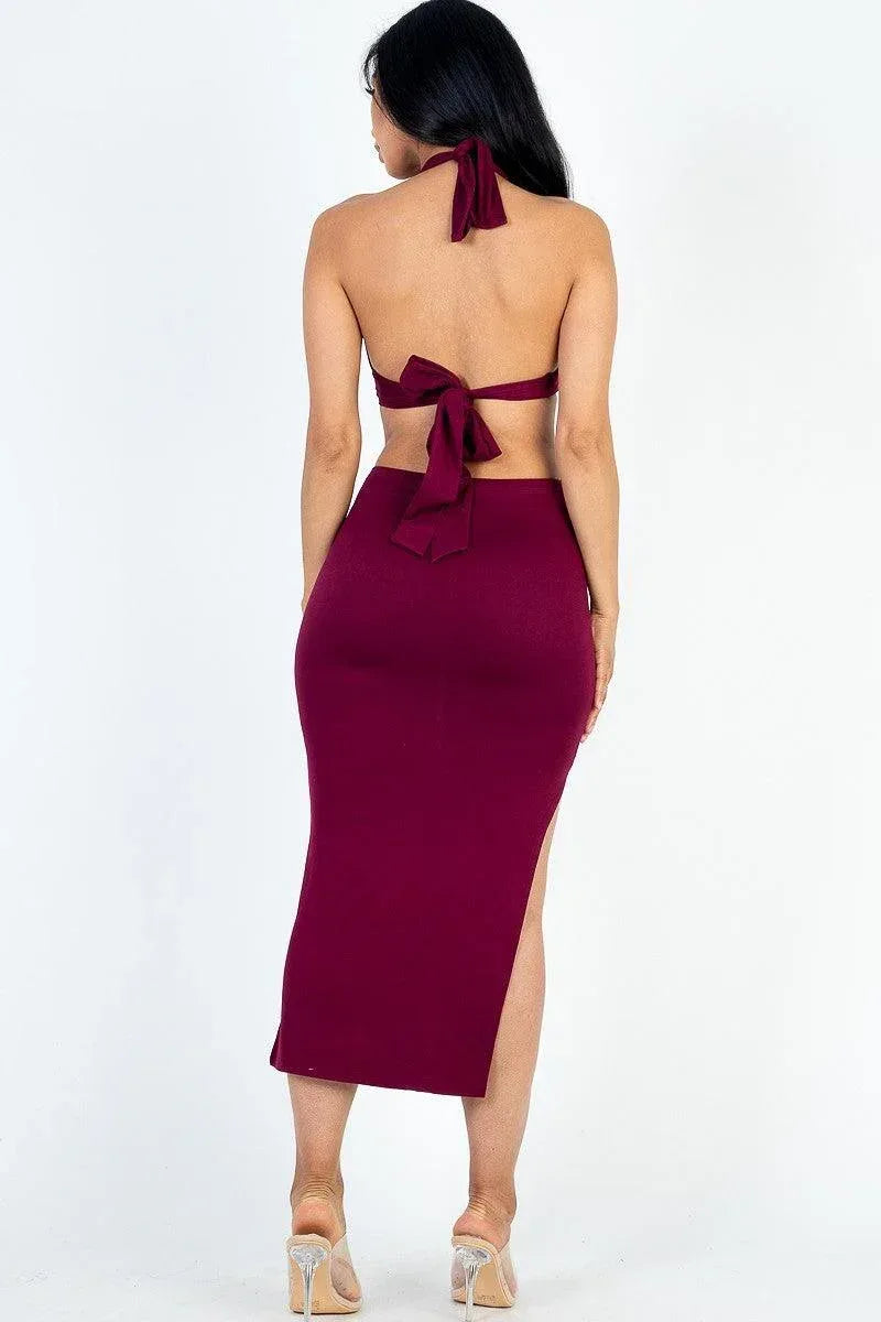 Cut-out Halter Neck Double Back Tie Split Thigh Midi Dress | Mixtshop LLC