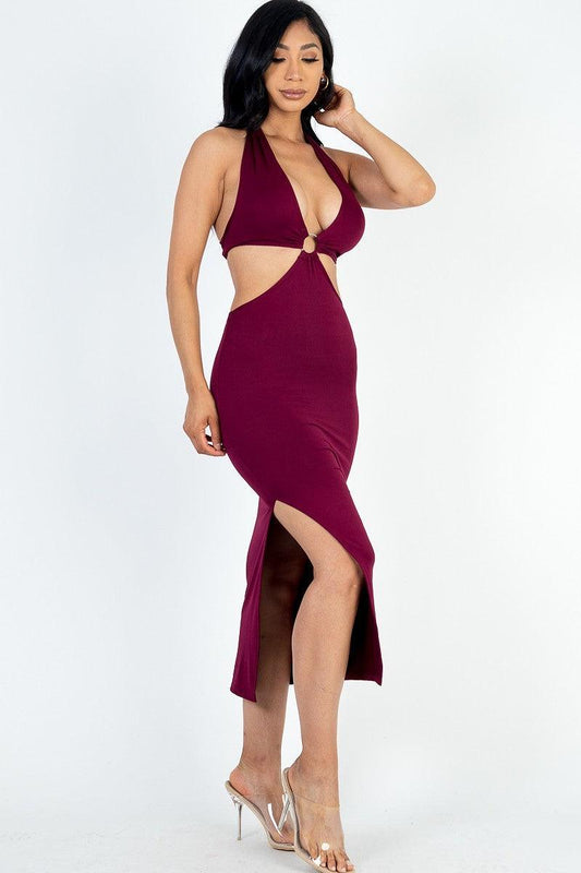 Cut-out Halter Neck Double Back Tie Split Thigh Midi Dress | Mixtshop LLC