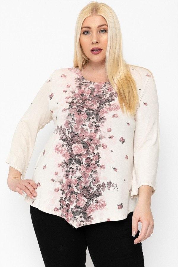 Print Top Featuring A Round Neckline And 3/4 Bell Sleeves | Mixtshop LLC