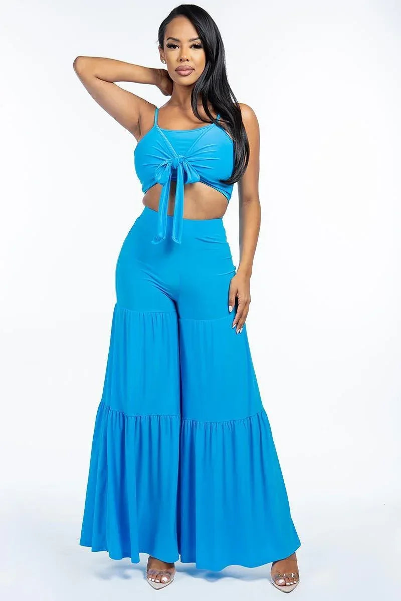 Solid Tie Front Spaghetti Strap Tank Top And Tiered Wide Leg Pants Two Piece Set | Mixtshop LLC Main image