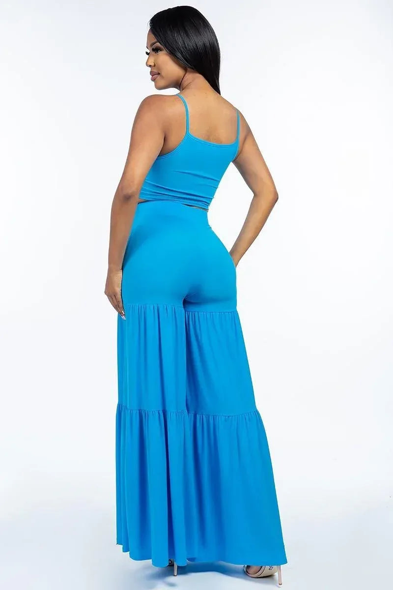 Solid Tie Front Spaghetti Strap Tank Top And Tiered Wide Leg Pants Two Piece Set | Mixtshop LLC
