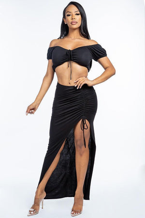 Solid Ruched Front Off The Shoulder Short Sleeve Cropped Top And Side Ruched Asymmetrical Skirt Two Piece Set | Mixtshop LLC