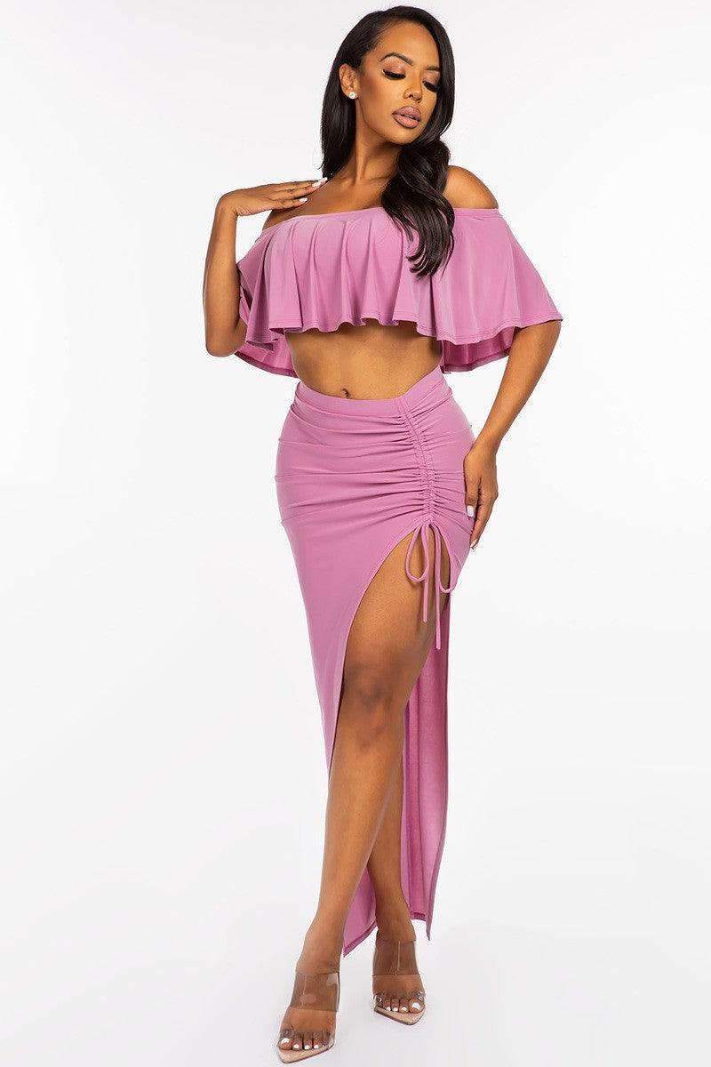 Solid Ity Off The Shoulder Ruffled Cropped Top And Ruched Maxi Skirt Two Piece Set | Mixtshop LLC Main image