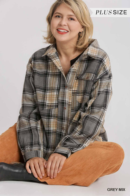 Plaid Collar Button Down Overshirt With Front Pockets | Mixtshop LLC