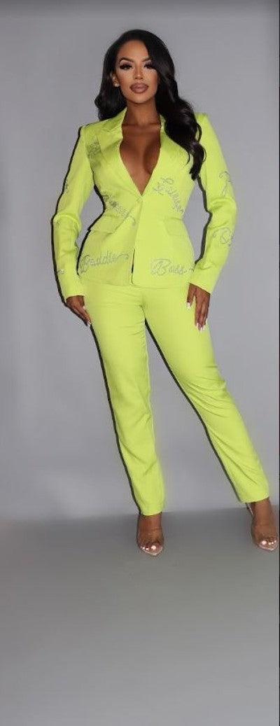 2 Piece Powersuit Blazer & Pants Set With Rhinestone Letterings On Blazer | Mixtshop LLC Main image
