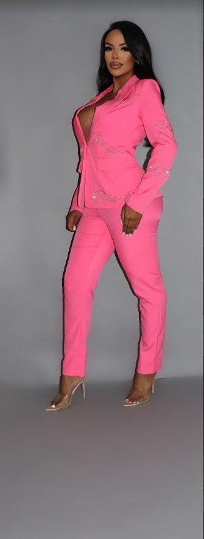 2 Piece Powersuit Blazer & Pants Set With Rhinestone Letterings On Blazer | Mixtshop LLC