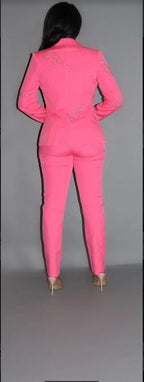2 Piece Powersuit Blazer & Pants Set With Rhinestone Letterings On Blazer | Mixtshop LLC