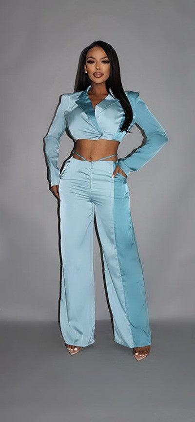 Colorblock Crop Blazer With Matching Low Rise Wide Leg Pant Set With Pockets | Mixtshop LLC Main image