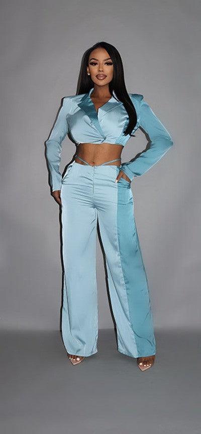 Colorblock Crop Blazer With Matching Low Rise Wide Leg Pant Set With Pockets | Mixtshop LLC
