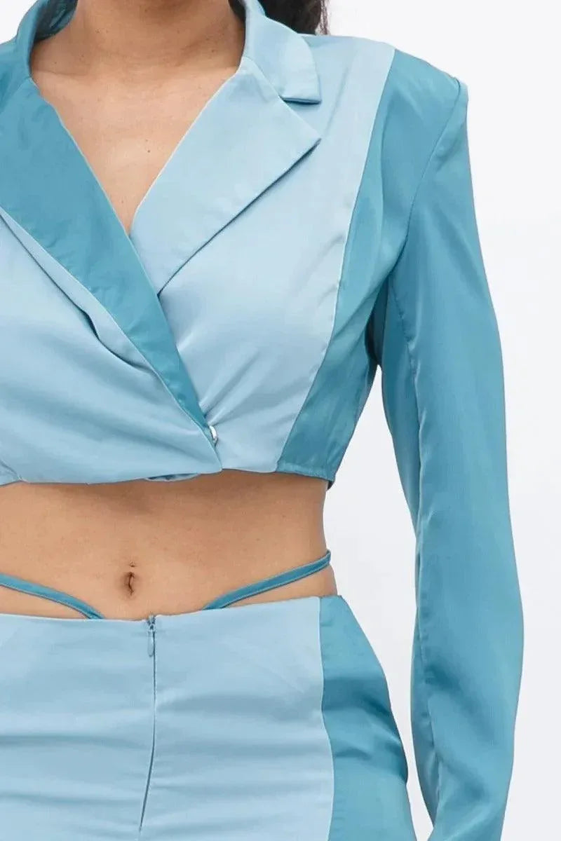 Colorblock Crop Blazer With Matching Low Rise Wide Leg Pant Set With Pockets Secondary image