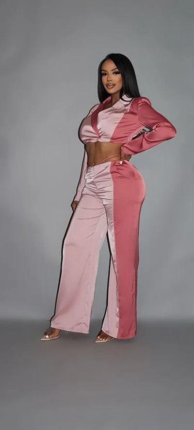 Colorblock Crop Blazer With Matching Low Rise Wide Leg Pant Set With Pockets Secondary image