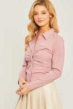 Woven Solid Ruched Front Long Sleeve | Mixtshop LLC