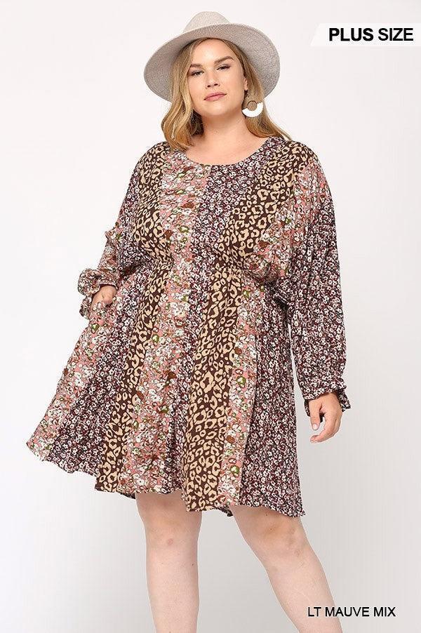 Print Mixed Dolman Sleeve Dress With Side Pockets | Mixtshop LLC Main image