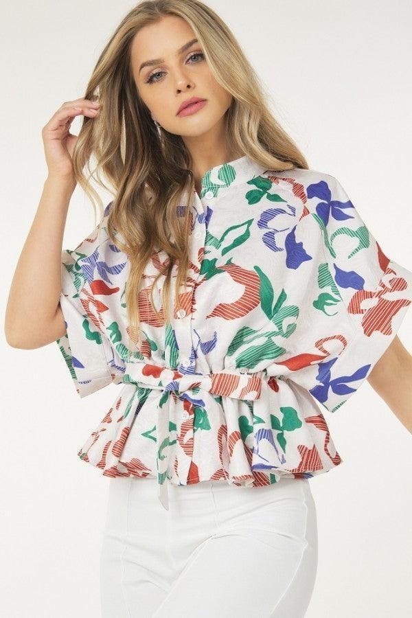 Floral Print Short Sleeve Top With Waist Tie | Mixtshop LLC