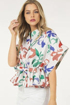 Floral Print Short Sleeve Top With Waist Tie | Mixtshop LLC