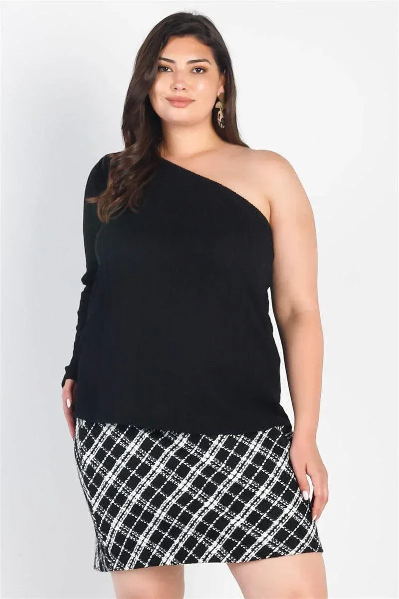 Plus Black Ribbed One Shoulder Top | Mixtshop LLC Main image