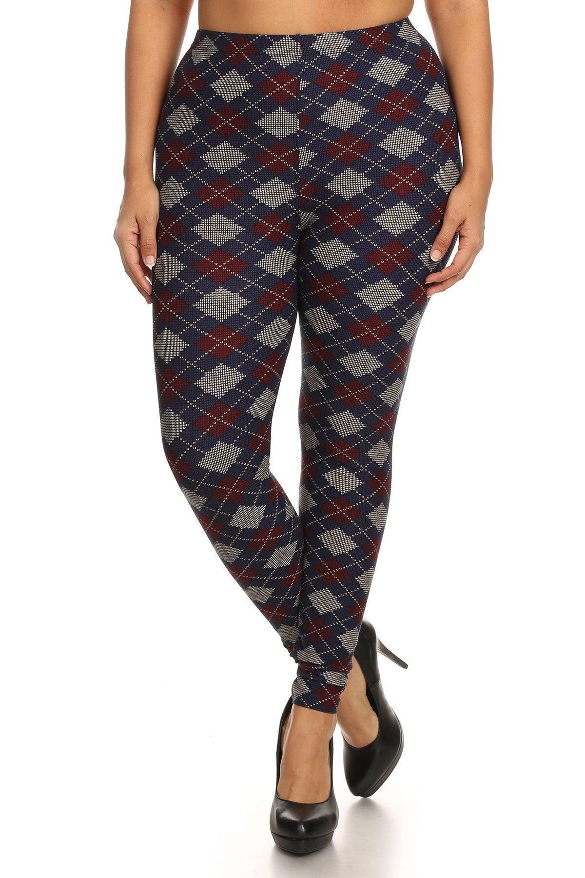 Plus Size Plaid Graphic Printed Knit Legging With Elastic Waist Detail | Mixtshop LLC Main image