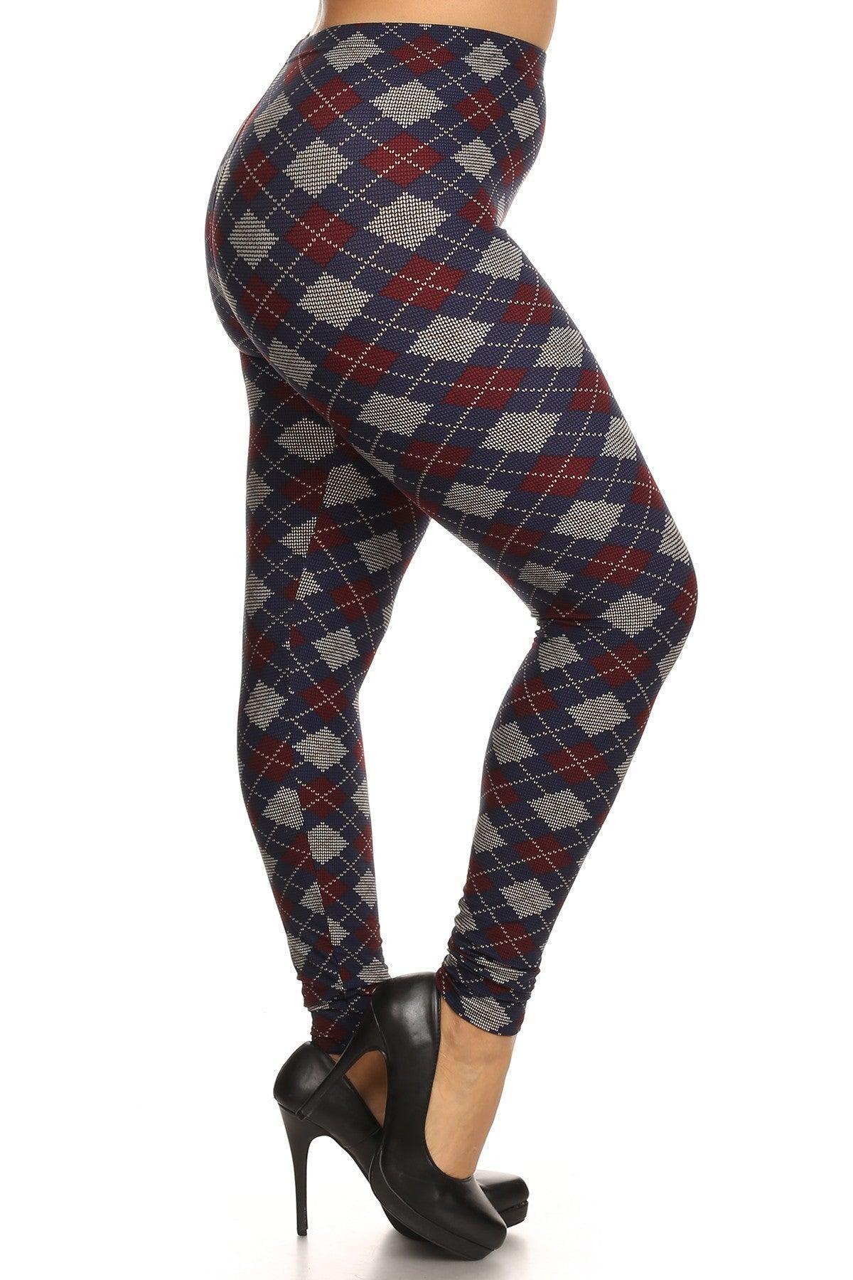 Plus Size Plaid Graphic Printed Knit Legging With Elastic Waist Detail Secondary image