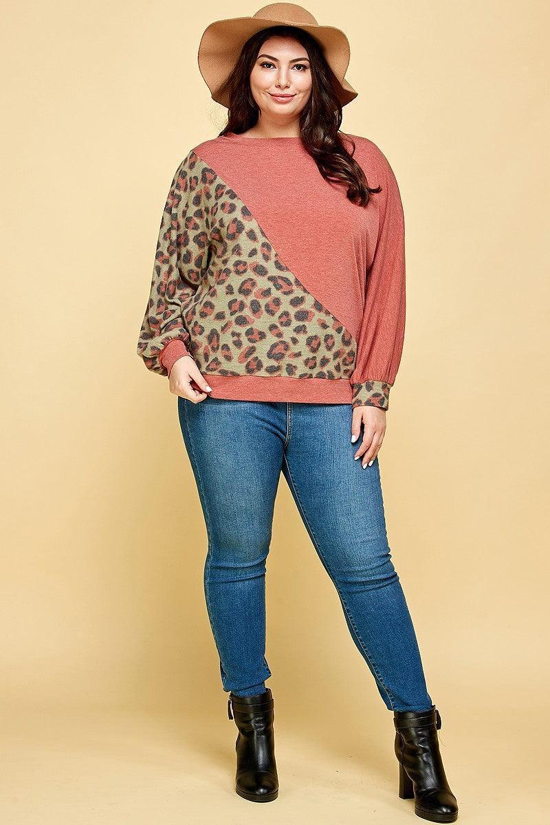 Plus Size Cute Animal French Terry Brush Contrast Print Pullover Secondary image