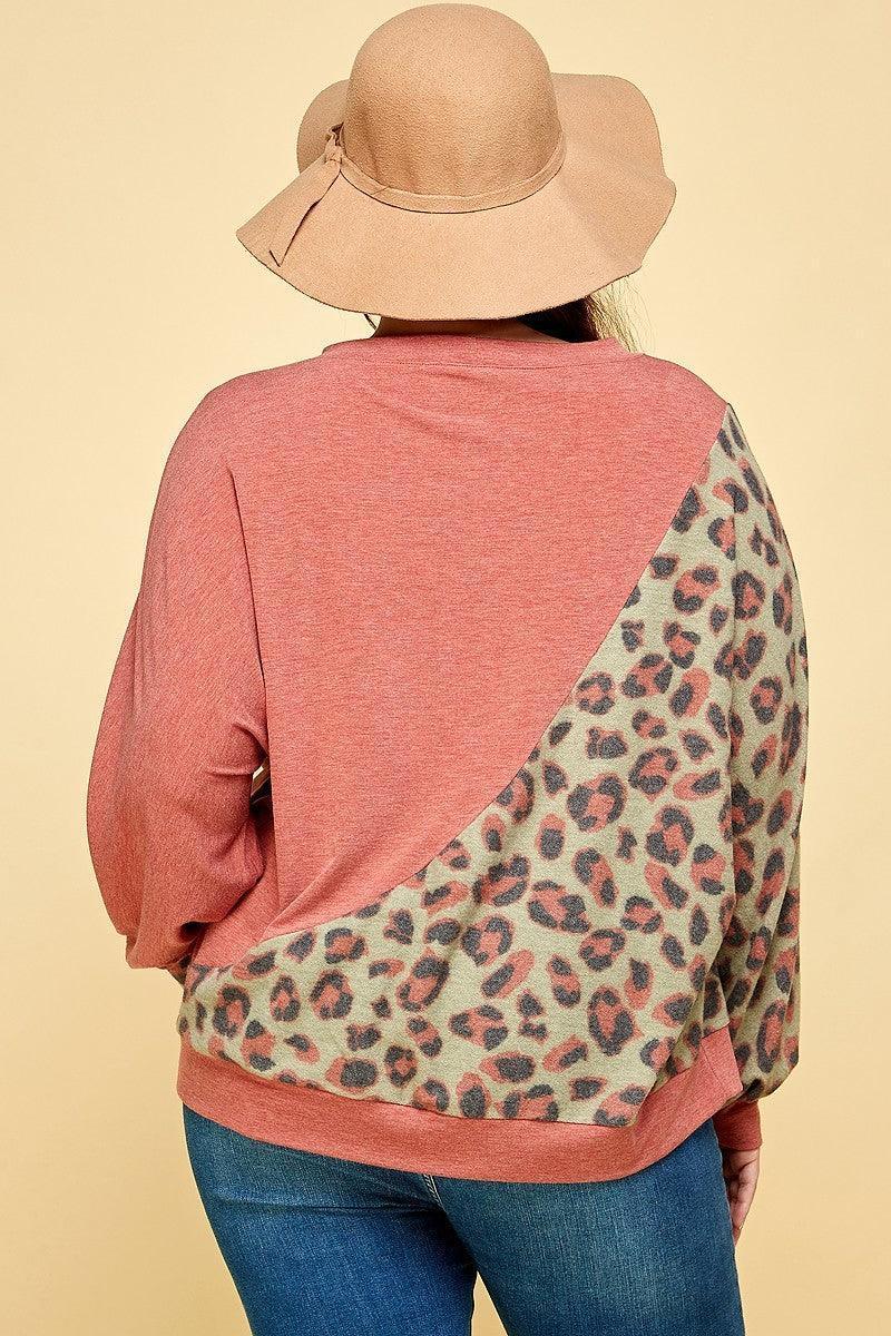 Plus Size Cute Animal French Terry Brush Contrast Print Pullover | Mixtshop LLC