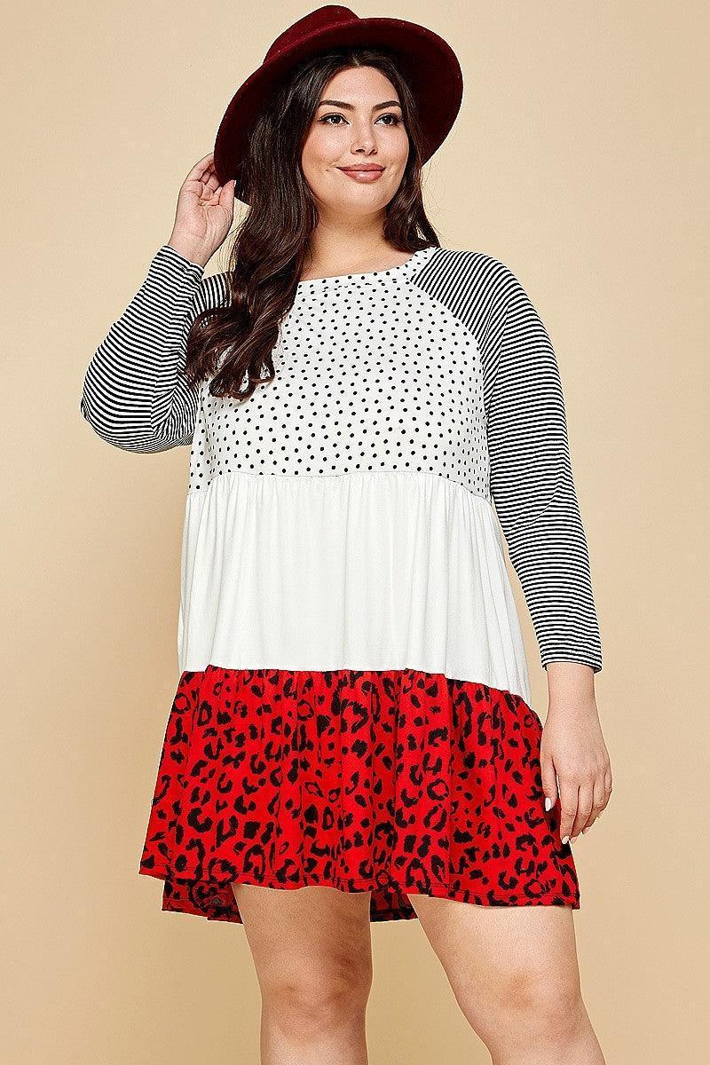 Plus Size Cute Polka Dot And Animal Print Contrast Swing Tiered Dress | Mixtshop LLC Main image